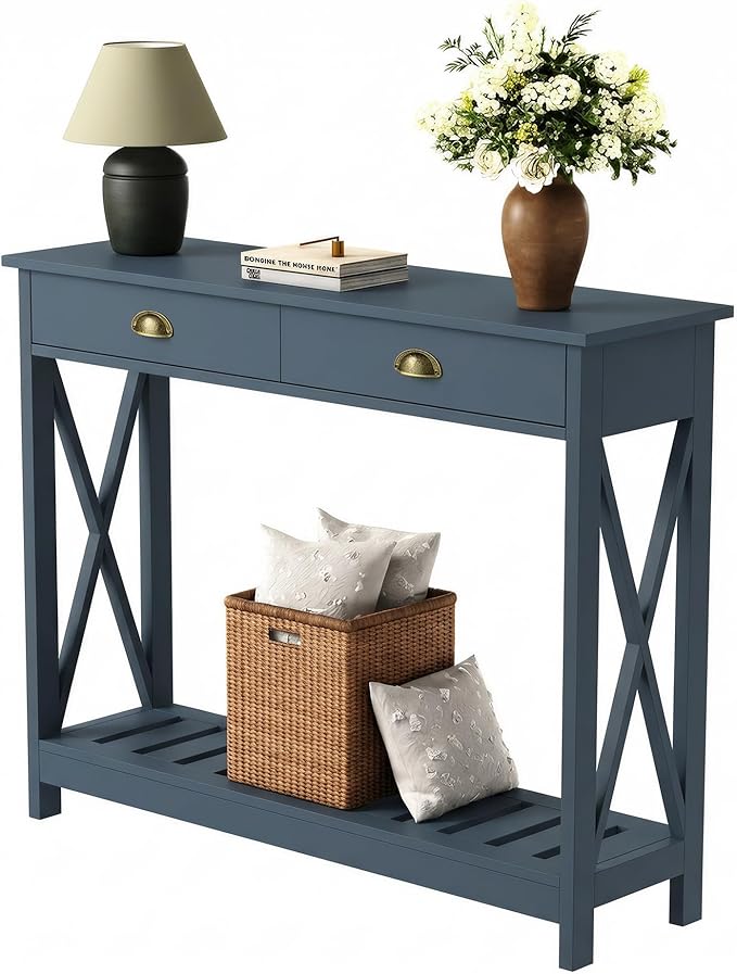 ChooChoo Console Table with Drawer for Entryway, Narrow Long Entry Table with Shelf for Living Room, Rustic Vintage Hallway Sofa Table with Stable X Supports, 40 Blue