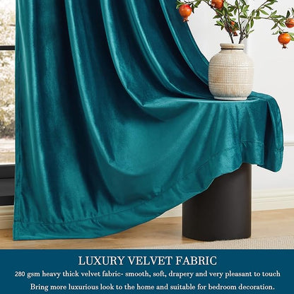 PRIMROSE Teal Velvet Curtains 63 inch Long for Living Room,Set of 2 Panels Blackout Rod Pocket Back Tab Window Treatment Room Darkening Heavy Decorative Curtains Drapes for Bedroom