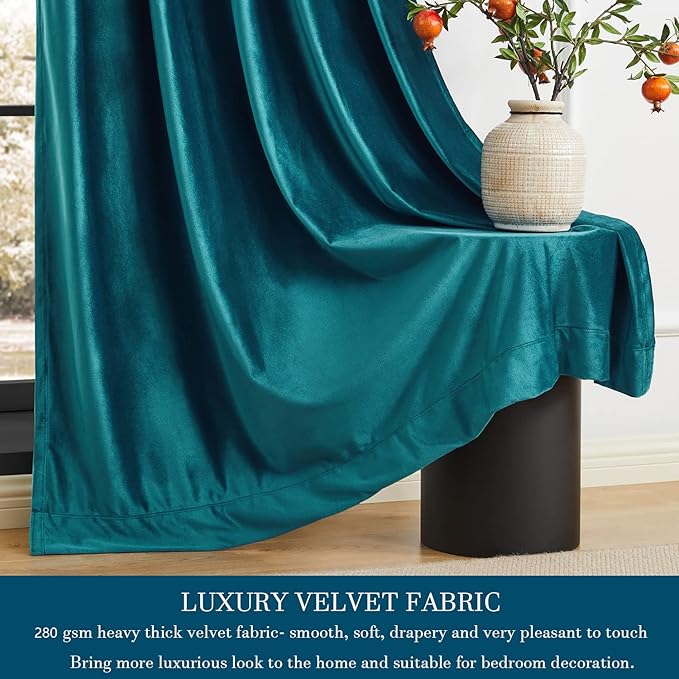 PRIMROSE Teal Velvet Curtains 96 inch Long for Living Room,Set of 2 Panels Blackout Rod Pocket Back Tab Window Treatment Room Darkening Heavy Decorative Curtains Drapes for Bedroom