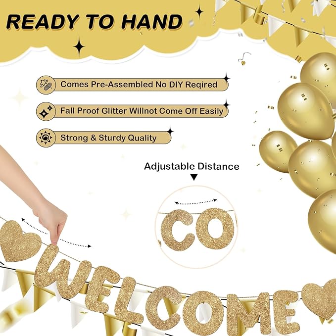 Fulmoon Pre Strung Welcome to The Team Banner with Two Heart Signs, NO DIY, Glitter Welcome Party Supplies for New Employee, Coworker, Colleague, Staff, Team Member Office Decorations(Champagne Gold)