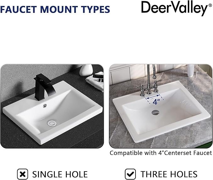 DeerValley 21x18 Inch Rectangular Ceramic Drop-in Bathroom Sink, Under Counter Vessel Sink with Overflow, White Vanity Basin, DV-1DS0122