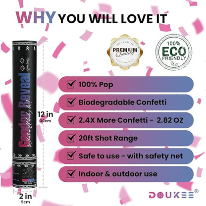 Gender Reveal Pink Confetti Cannon, DOUKEE Baby Shower Pink only Biodegradable Confetti Poppers for Girl Baby Reveal Party - 2 Set