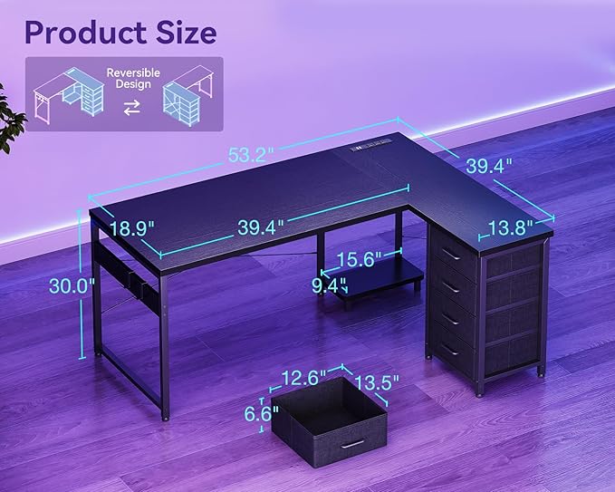 AODK L Shaped Gaming Desk with 4 Drawers, 53" Reversible Home Office Desks with Power Outlets, L Shaped Computer Desk with USB Charging Port and Host Stand, Corner Desk, Easy to Assemble, Black