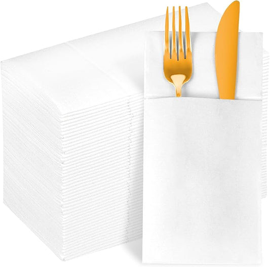 KAMMAK White Dinner Napkins Disposable Cloth Like Paper Napkins Folded with Pocket 100 Pack Guest Hand Towels for Party Decoration, Wedding Reception, Bathroom, Kitchen (16.5 x 16.5 inch)