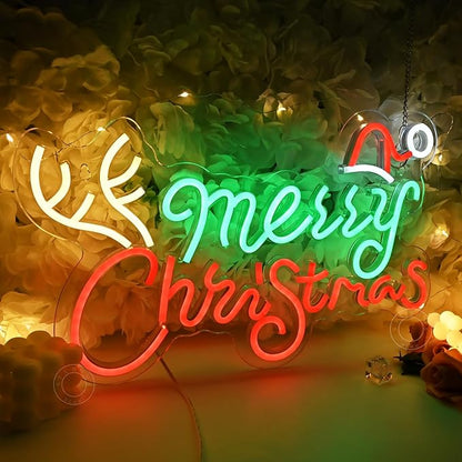 SYLHOME Merry Christmas Led Neon Light Sign Santa Hat Christmas Tree Party Home Bedroom Wall Sign Decor Backdrop Xmas 15.75" X 9.8" USB Colorful