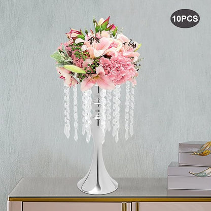 10 Pcs Crystal Flower Wedding Centerpieces Stand,Elegant Metal Flower Vase Candelabra Candle Holder,Flower Vase Stand Pillar Candle Holder for Party Wedding Reception, Siliver, AL-297