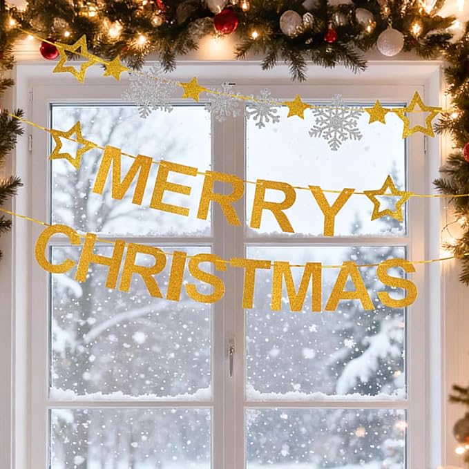 Totelux Merry Christmas Banners Decoration Glitter Star Snowflakes Sign Gold Silver Christmas Hanging Banner for Wall Home Office Holiday Party Decor Supplies
