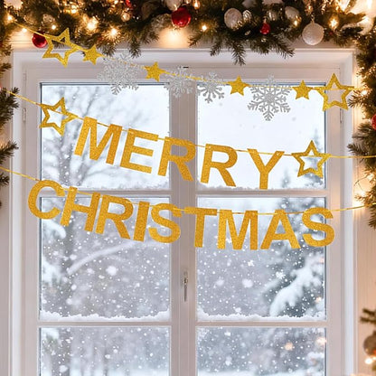Totelux Merry Christmas Banners Decoration Glitter Star Snowflakes Sign Gold Silver Christmas Hanging Banner for Wall Home Office Holiday Party Decor Supplies