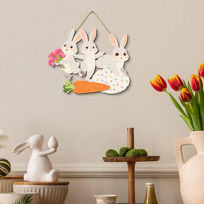 Kercan Easter Cross Wall Decoration with Purple Fabric, White Lily Flowers and Dove, He is Risen Wood Sign, 14.2x9.8 Inch Religious Home Decor (Rabbit-D)
