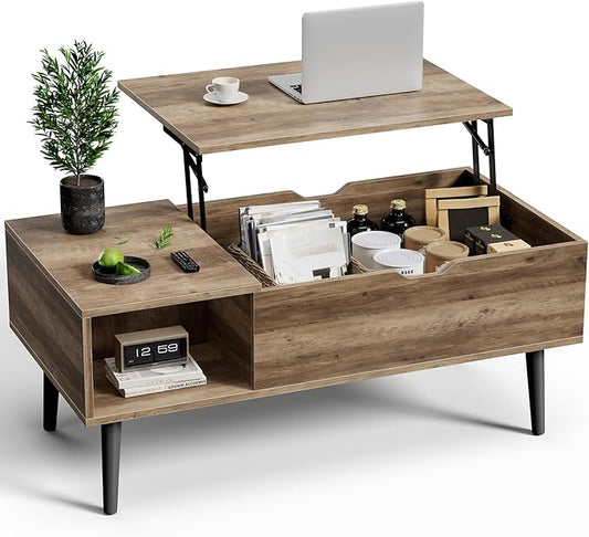 OLIXIS Wooden Coffee Table, Lift Top Coffee Table with Large Hidden Compartment and Ample Storage Shelf, Lift Tabletop Dining Table for Living Room, Home Small Space, Grey
