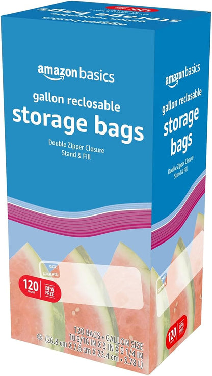 Amazon Basics Reclosable Gallon Food Storage Bags | Stand & Fill Base | 120 Count | Pack of 2