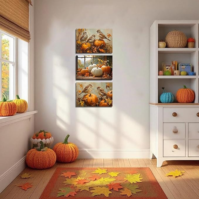 YMXDYMJSW Autumn Wall Art 3 Pieces Pumpkin with Sparrows Picture Prints Fall Harvest Birds Canvas Painting Thanksgiving Theme Artwork for Farmhouse Decor Frame (Gold,16.00" x 24.00" x 3PCS)