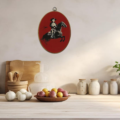 CUANFDDSF Vintage Western Skeleton Cowboy Oval Wall Art Decor, Rustic Western Wall Hanging Decor, Gothic Skeleton Cowboy Rodeo Framed Canvas Prints for Home Bedroom Living Room, 8.6x11.4 Inch