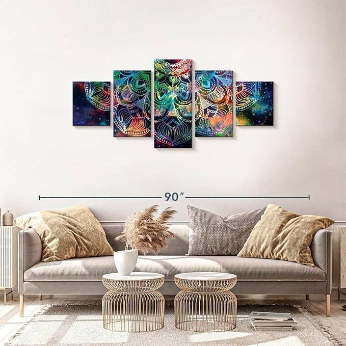 ElephantStock - Celestial Mandala Wall Art - Horizontal Multi Panel Canvas - 5 Piece Living Room Wall Decor - Digital Art Elements Multi Piece Wall Art - Turquoise And Blue Decor - 68" x 30"