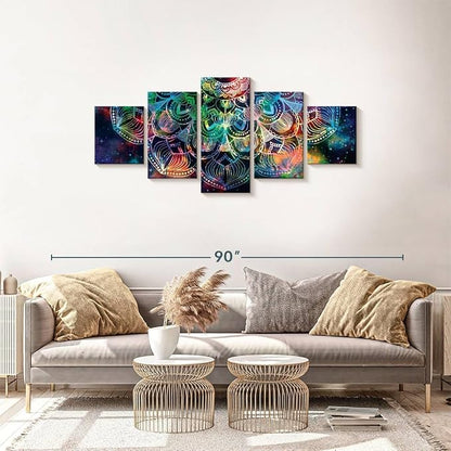 ElephantStock - Celestial Mandala Wall Art - Horizontal Multi Panel Canvas - 5 Piece Living Room Wall Decor - Digital Art Elements Multi Piece Wall Art - Turquoise And Blue Decor - 68" x 30"