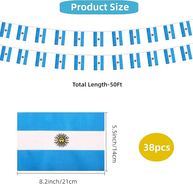 Argentina Small String Flags, 50 Feet 38 Pcs Argentine Pennant Banner Bunting Flags, Patriotic Events, Independence Day, Country Festival, Commemoration, Decorations (Argentina)