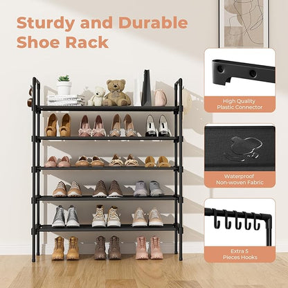 LANTEFUL 5 Tier Shoe Rack for Closet Shoe Organizer with 5 Hooks, Long Shoe Shelf Storage for Shoe and Boot Stackable Free Standing Shoe Rack for Entryway, Garage, Small Spaces, Dorm, Black