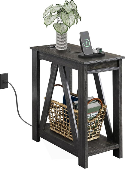 WLIVE Narrow Black End Table with Charging Station of Open Storage Shelf, Sofa Side Table with 2 USB Ports and 2 Power Outlets, Slim Farmhouse End Table for Small Spaces, 11.8" D x 23.6" W x 23.74" H