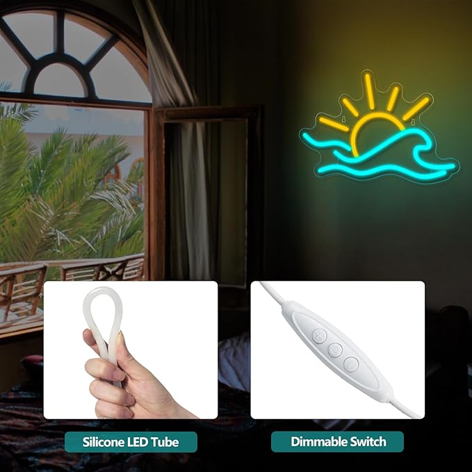 Sunrise Sunset Neon Sign, Dimmable Sun Sea Wave LED Neon Light for Wall Decor, USB Powered Ocean Surf Neon Signs, Acrylic Sun Sign for Bedroom Living Room Bar Cafe Game Room Birthday Party Christmas