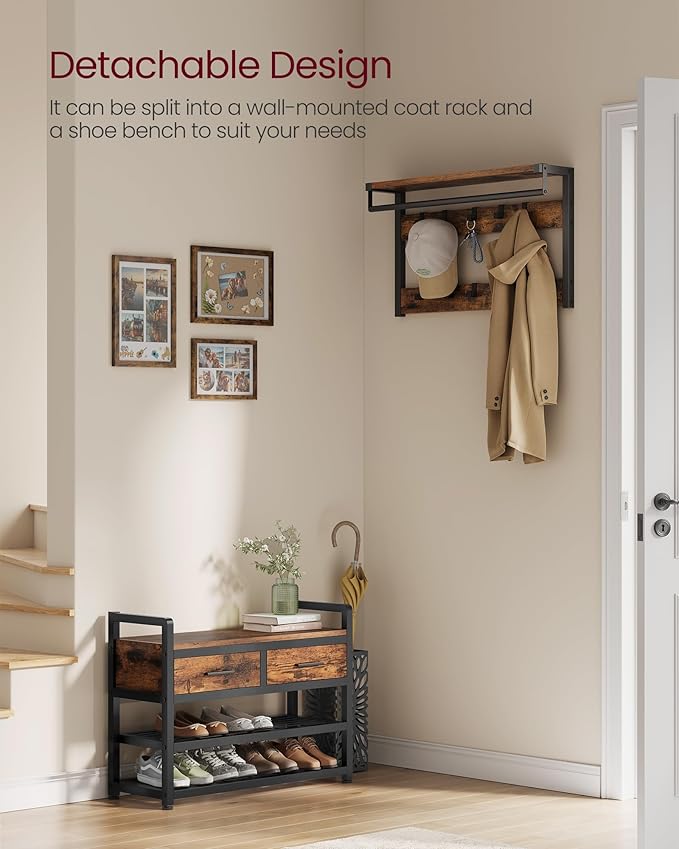 VASAGLE Hall Tree with Bench and Shoe Storage, Entryway Coat Rack with Shoe Bench, 2 Fabric Drawers, 10 Hooks, 11.8 x 31.7 x 71.5 Inches, Vintage Brown and Ink Black UHSR429B01