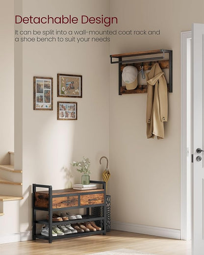 VASAGLE Hall Tree with Bench and Shoe Storage, Entryway Coat Rack with Shoe Bench, 2 Fabric Drawers, 10 Hooks, 11.8 x 31.7 x 71.5 Inches, Vintage Brown and Ink Black UHSR429B01