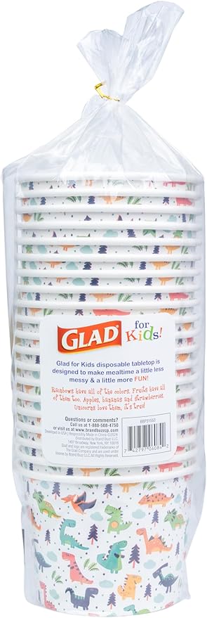 Glad for Kids Dinosaurs Paper Snack Bowls, Lids Not Included - Colorful Heavy Duty, Microwavable, Disposable Snack Cups with Lid for Soup or Ice Cream, 12 Ounce, 20 Count - 24 Pack
