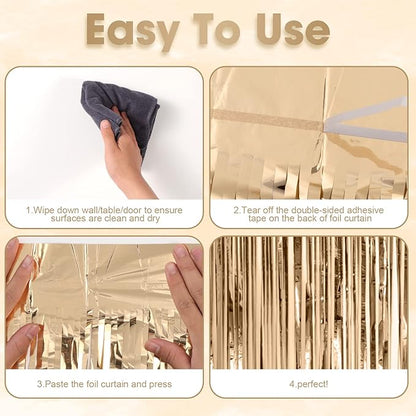 2 Pack Champagne Foil Fringe Backdrop Curtains, Tinsel Streamers Birthday Party Decorations, Fringe Backdrop for Anniversary, New Years, Birthday Party