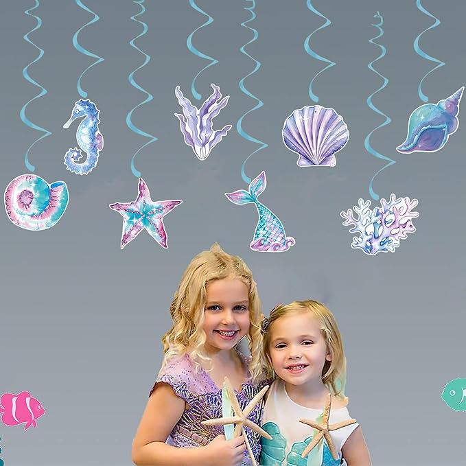 Little Mermaid Party Decorations Streamers - 16Pcs Under The Sea Classroom Hanging Swirl Ceiling Decor,Pool Beach Ocean Underwater Girls Birthday Summer Baby Shower Banner Supplies Hugtmr
