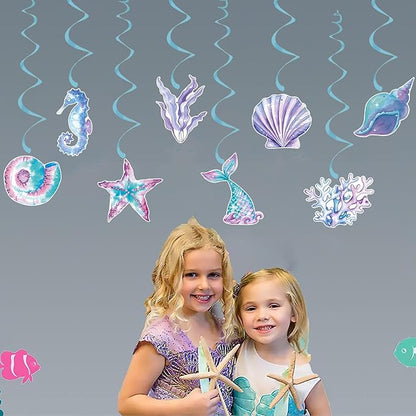 Little Mermaid Party Decorations Streamers - 16Pcs Under The Sea Classroom Hanging Swirl Ceiling Decor,Pool Beach Ocean Underwater Girls Birthday Summer Baby Shower Banner Supplies Hugtmr