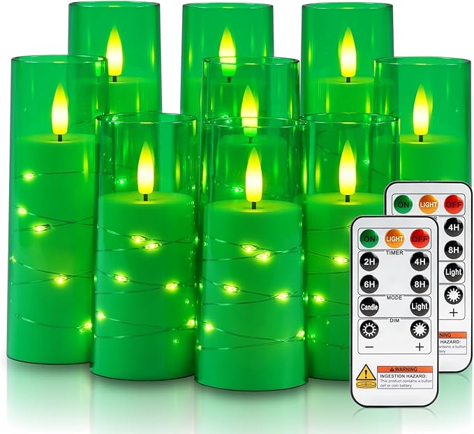 Raycare Flameless Candle with Remote Timer – 9 Flickering Acrylic Battery Operated LED Pillar Candles with Embedded Star String for Christmas, Home Decor, and as a Gift(Green)