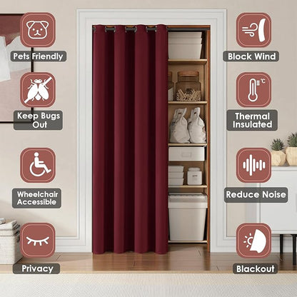 ChrisDowa Blackout Door Curtains for Doorway Privacy, Grommet Closet Curtains for Bedroom Closet Door, Thermal Insulated Doorway Cover Room Divider Drapes (1 Panel, Burgundy Red, 42 x 80 Inch)