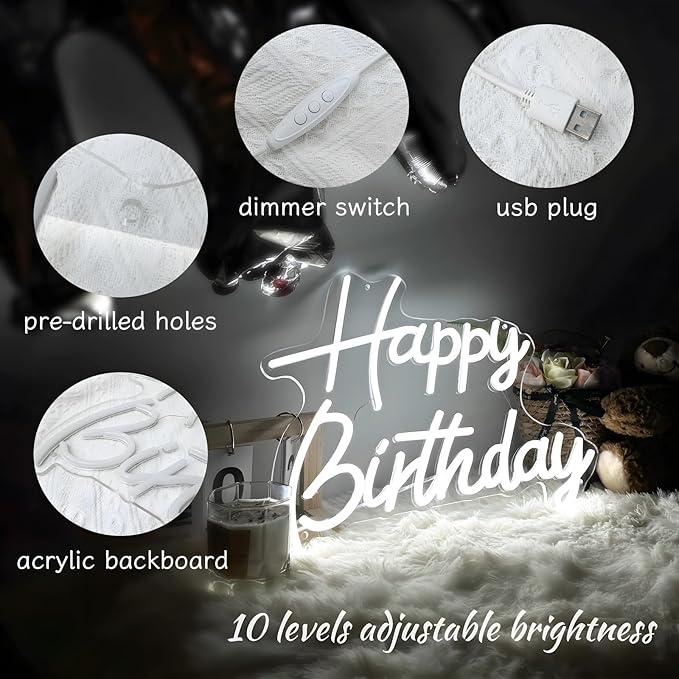 Happy Birthday Neon Sign for Wall Decor, Led Signs with Dimmable Switch, USB Powered Happy Birthday Backdrop Light Up Signs for Party Decorations, 16.1"x12.2"White