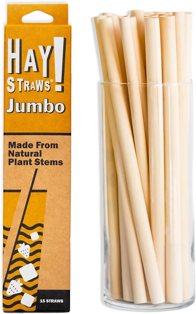 HAY Compostable Drinking Straws 8 Inch Jumbo for Smoothies Milkshake Iced Coffee - 15 Count Biodegradable Never Soggy Plant Based Disposable Eco Friendly - Plastic Free Reed Stem Natural Tall Straws