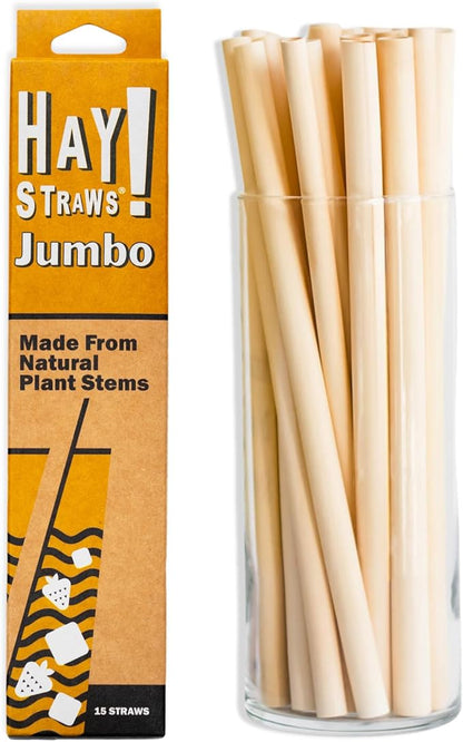 HAY Compostable Drinking Straws 8 Inch Jumbo for Smoothies Milkshake Iced Coffee - 15 Count Biodegradable Never Soggy Plant Based Disposable Eco Friendly - Plastic Free Reed Stem Natural Tall Straws