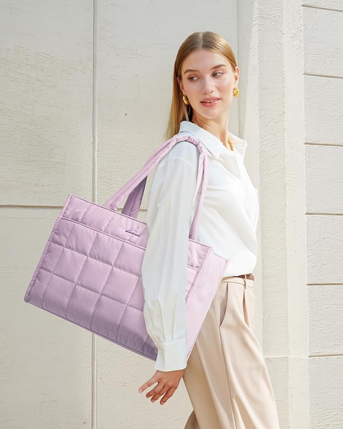 LOVEVOOK Tote Bag for Women, Puffer Work Handbag 15.6 Inch Laptop Purse for Nurse Teacher, Large Quilted Travel Tote Shoulder Bag with Zipper for College Office Clinical Gym, Light Purple