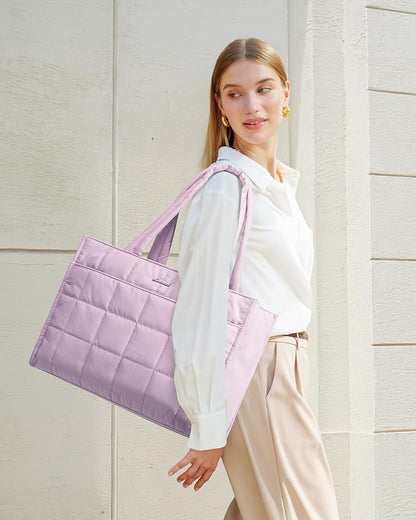 LOVEVOOK Tote Bag for Women, Puffer Work Handbag 17 Inch Laptop Purse for Nurse Teacher, Large Quilted Travel Tote Shoulder Bag with Zipper for College Office Clinical Gym, Light Purple