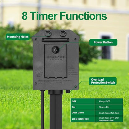 TiFFCOFiO Outdoor Power Strip with 60 FT Extension Cord, 100FT Remote Control, Dusk to Dawn Light Timer Waterproof, 6 Grounded Outlets for Yard, Pool and Garden, ETL Listed