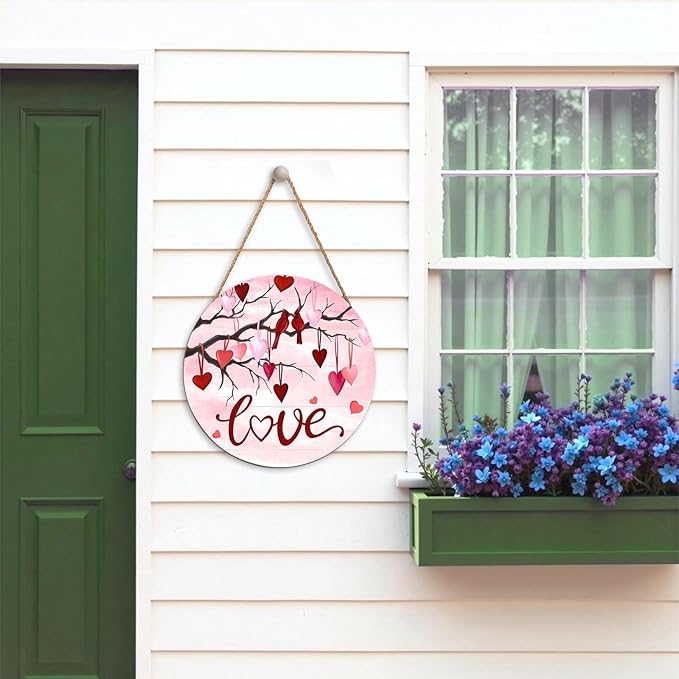 Valentine's Day Love Pink Welcome Door Sign 12x12 Red Love Heart Bird Decorations Door Hanger Rustic Wooden Hanging Wall Plaque Sign Happy Valentines Day Wreath for Front Door Porch Housewarming Gifts