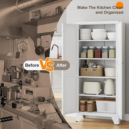 Yizosh Metal Storage Cabinet with 2 Doors and 4 Adjustable Shelves - 61" White Kitchen Pantry Storage 5-Tier Tall Steel Cabinets Locker for Kitchen, Living Room, Dining Room