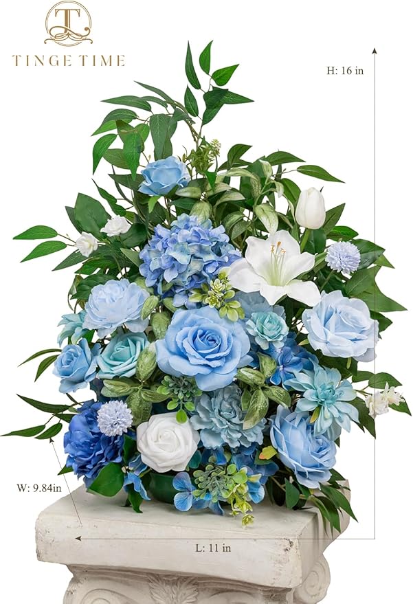 TINGE TIME Free-Standing Artificial Flower Set of 2, Table Centerpiece with Rubber Pad, Silk Fake Flower for Wedding Centerpiece Archway Aisle Welcome Entrance (Provence Blue)