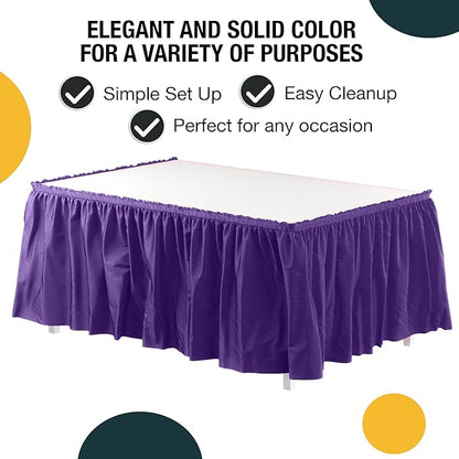 Exquisite Ruffle Table Skirt Purple 6 Pack 14 Ft Long for Rectangle 6ft Plus or Round Tables With Adhesive Strip for Gender Reveal Decor & Happy Birthday Parties
