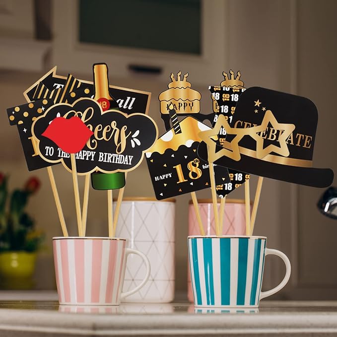 LINGTEER Happy 18th Birthday Party Photo Booth Props,Cheers to 18th Birthday Eighteen Years Old Bday Party Centerpieces Props Decorations Sign.