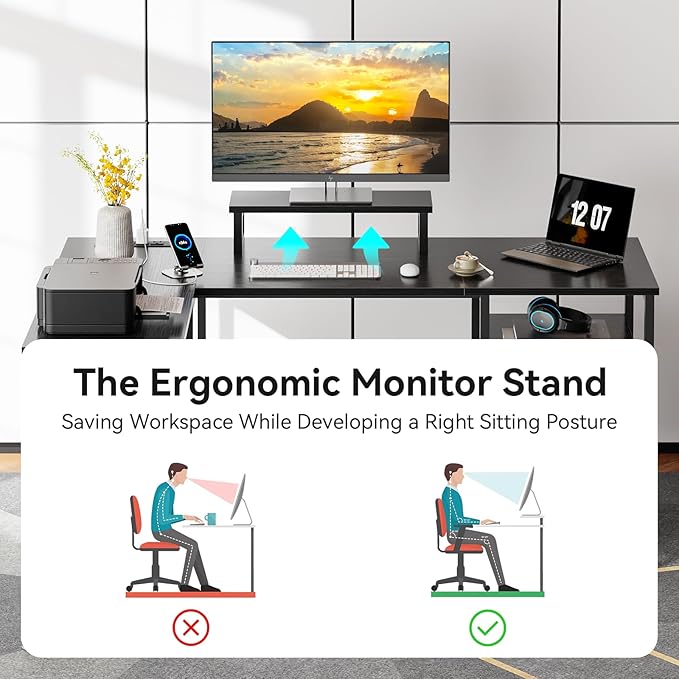Furologee L Shaped Gaming Desk with Power Outlet, Corner Computer Desk for Home Office, Reversible 50 Inch Work Study Table with File Drawer, Monitor Stand, Storage Shelves, Black