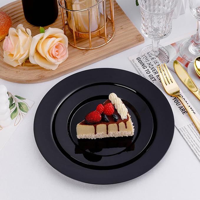 100PCS Black Plastic Plates, Black Disposable Plates for 50 Guests, 50 Dinner Plates 10.25 inch and 50 Dessert Plates 7.5 inch for Party, Graduation, Wedding