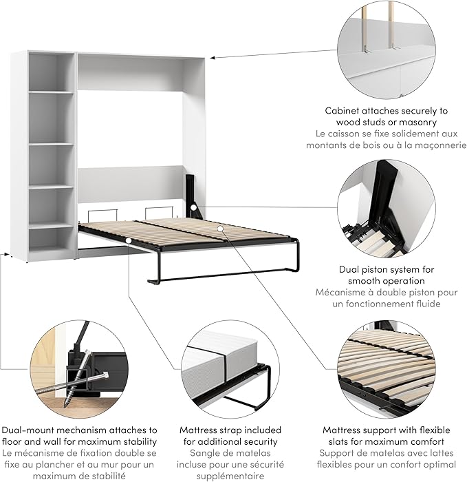 Bestar Claremont Full Murphy Bed with Closet Organizer (79W) in White, Space-Saving Sleeping Arrangement for Multipurpose Room