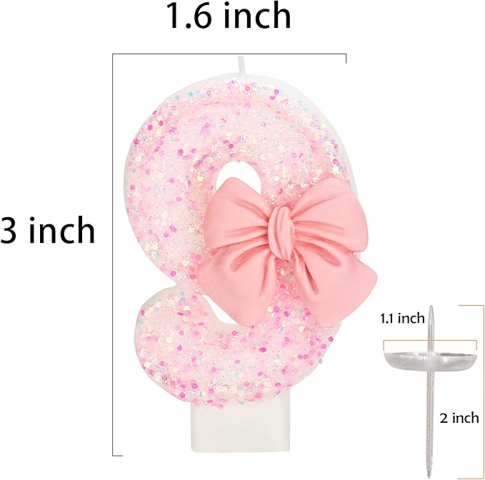 Birthday Candle for Cake, 9 Candle - Pink Glitter with Bowknot, 2.76 inch Happy Birthday Candle, Cake Topper Decoration for 9 Years Old Birthday Party (Number 9)