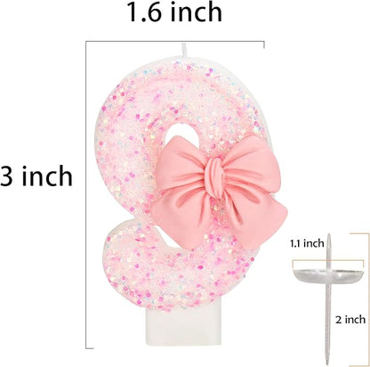 Birthday Candle for Cake, 9 Candle - Pink Glitter with Bowknot, 2.76 inch Happy Birthday Candle, Cake Topper Decoration for 9 Years Old Birthday Party (Number 9)