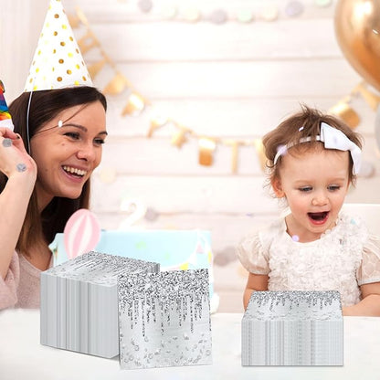 100PCS Silver Party Paper Napkins Happy Birthday Supplies Glitter Decorations Silver Diamond Theme Disposable Paper Lunch Napkins for Adults Kids Birthday Wedding Bridal Shower Favors