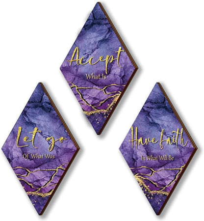 3Pcs Purple And Gold Bathroom Decor Purple Gold Wall Decor with Accept Let Go Have Faith Quote Rustic Farmhouse Wooden Hanging Signs for Women Home Living Room Bedroom(Purple Gold 12x7)