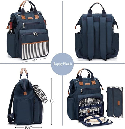 HappyPicnic Picnic Backpack Bag for 4, Wide Open with Large Capacity Insulated Cooler Compartment,9" Plates,Wooden Handle Cutlery and Waterproof Blanket Best Gift - Navy Blue